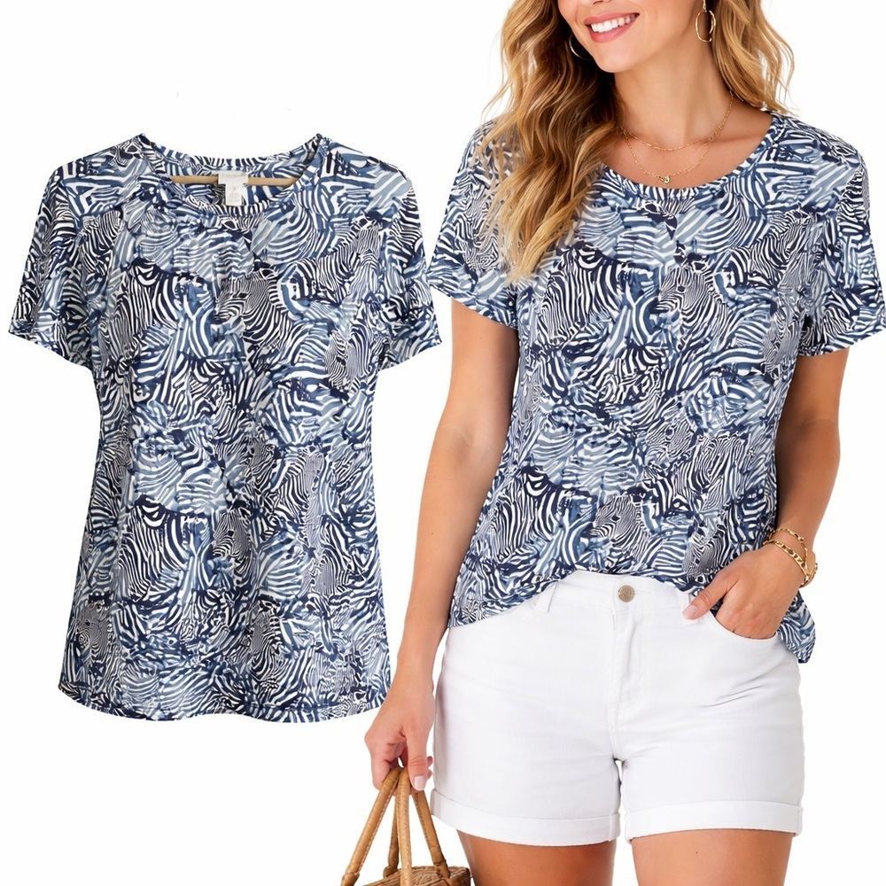 Weekend by Chico’s | Blue Zebra Print Top | Short Sleeve Casual Blouse | Size 2